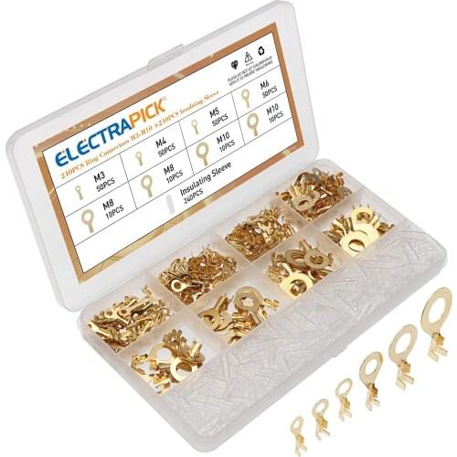 480pcs Ring Lugs M3/M4/M5/M6/M8/M10 Ring Eyes Copper Crimp Terminals Cable Lug Wire Connector Non-insulated DIY Assortment Kit