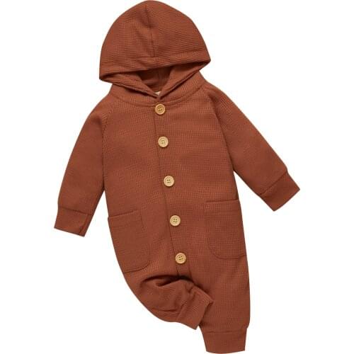 Infant Waffle Jumpsuit, Toddler Button-down Hooded Long Sleeve Romper with Pockets