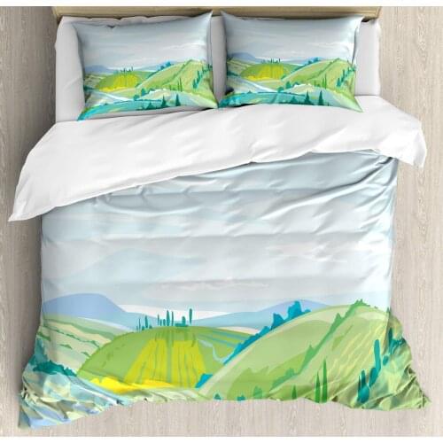 Rural Duvet Cover Set Panoramic Agricultural Fields and Hills Meadows 3 Piece Bedding Set Baby Blue Pale Green