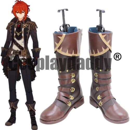 Genshin Impact Mondstadt The Dark Side of Dawn Diluc Ragnvindr Cosplay Brown Shoes Strap Boots X002