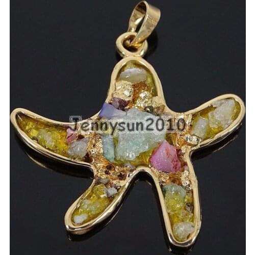 Colorful Druzy Quartz Starfish Pendant Necklace Healing Charm Beads Jewelry Making 10Pcs /Pack