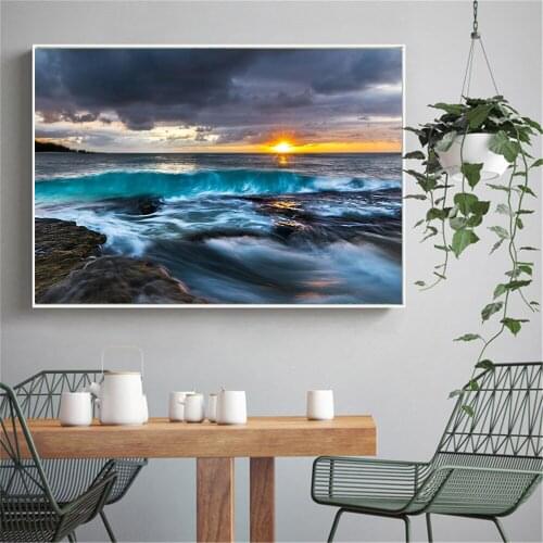 Beauty Poster Prints Ocean Landscape Wave Sunset Painting Canvas Pictures for Living Room Home Decor Cuadros Decoracion Salon