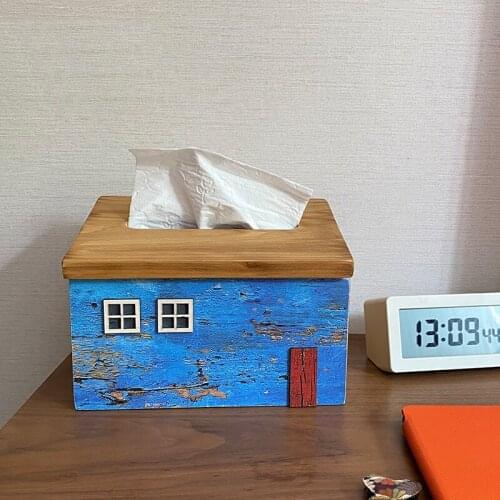Creative Wooden Old House Shape Office Living Room Decoration Removable Tissue Box