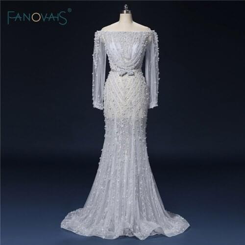 Luxury 2019 Evening Dresses Long Sleeves See Though Silver Grey Prom Dresses Tulle Lace Heavy Beaded Evening Party Gown NE5