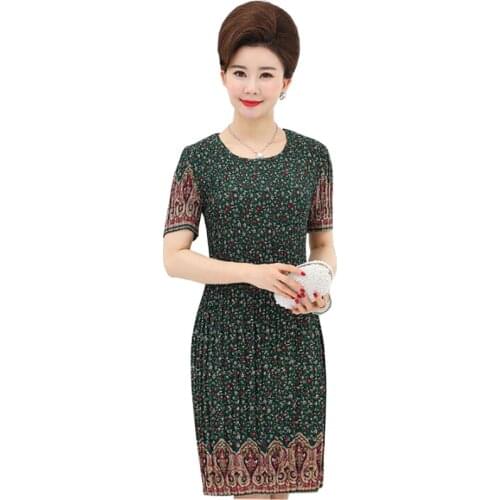 Plus size 5XL summer middle aged Women printing dress Short sleeve Chiffon Loose Casual Women dress high quality vestido LY802