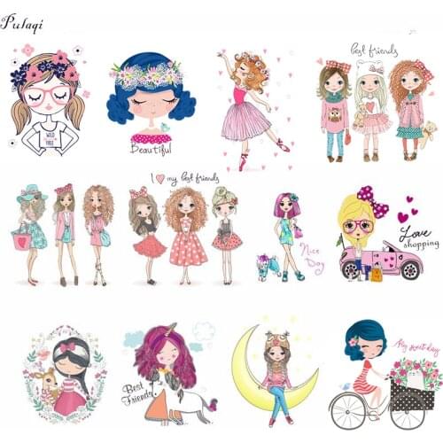 Pulaqi Fashion Cartoon Girl Iron-On Transfers Patches On Clothing Cute Heat Thermal Transfer For DIY Clothes Applique Iron F