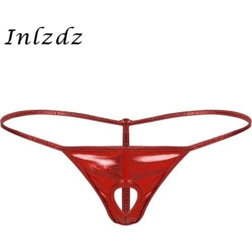 Mens Lingerie Sexy Underwear Shiny Metallic Panties Low Rise Front with Penis Hole Open Butt G-String T-back Thong Bikini Briefs