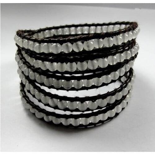 New Arrival Unique Gemstone Bracelet Genuine Black Leather With White Jade Stone Warp Bracelet 34 inches Handmade Fine Jewelry