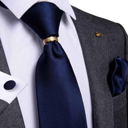 New Designer Men Tie Blue Solid Silk Wedding Tie For Men DiBanGu Hanky Cufflinks Ring Tie Set Business Fashion Party ZH02-770