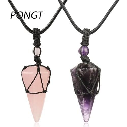 PONGT Natural Crystal Stone Hand-woven Hexagonal Prism Black Rope Wrapped Stone Pendant Necklace For Women Fashion Jewelry