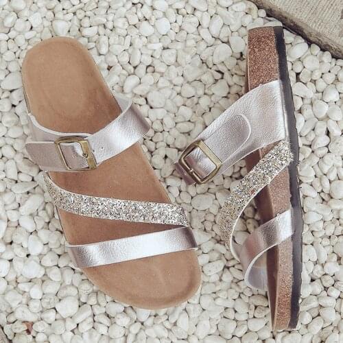 Roman summer shoes woman glitter cork sandals three narrow band platform slippers female big size beach sandalias gold slides