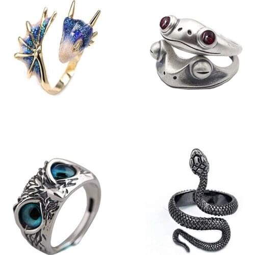 Vintage Owl Frog Dragon Carved Flower Silver Rings for Women Jewelry Fashion Punk Black Snake Evil Eye Couple Rings Set Anillos