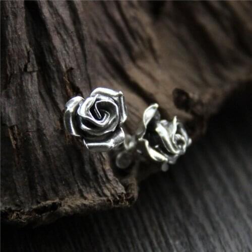 C&R Real S925 Stud Earrings for Women Handmade Thai Silver Earrings Rose Molding Vintage Fine Jewelry