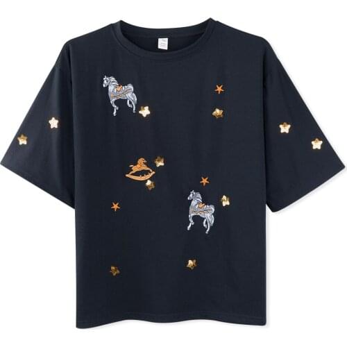 Neatie kiddie Summer Fashion Cartoon Embroidery Women Tee Shirt Tops Sequin Short Sleeve Streetwear Casual T-shirt