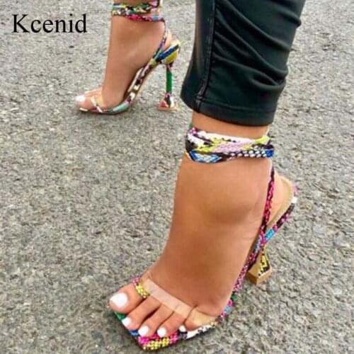 Kcenid 2021 New Summer Serpentine Women Sandals Snake Print Lace Up Sexy Spike Heel Ladies Shoes Clear Strap High Heels Sandals