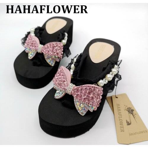 HAHAFLOWER New 2018 Women crystal diamond pink Bow high heel shoes casual Summer Slippers comfortbale soft female slippers