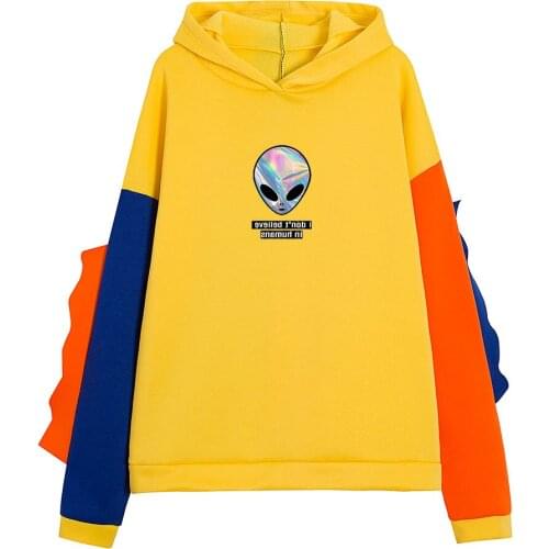 Women Dinosaur Sweatshirt Alien Print Hoodie Patchwork Kawaii Harajuku Korean Funny Vintage Drop Shipping Tee Sportswear Clothes