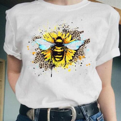 Women Bee Flower Floral Love Sweet Fashion Graphic Female Short Sleeve Tops Cartoon Lady Clothes Tees Tshirt Print T-Shirt