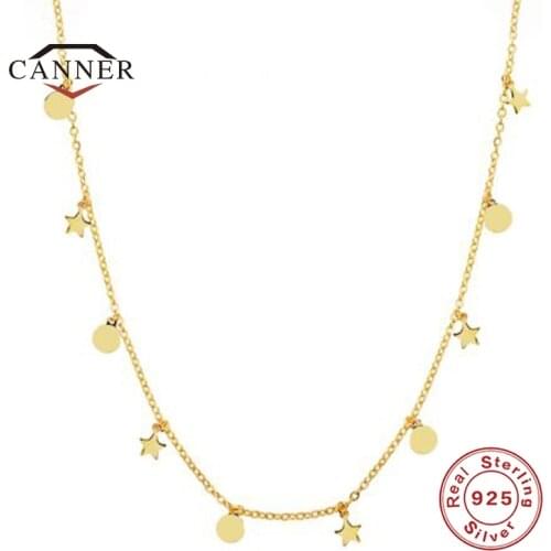 CANNER 925 Sterling Silver Necklace for Women Pendant Chains Necklaces with Small Round and Star Badges Female Jewelry collares