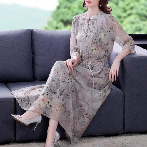 Summer Vintage Print Mulberry Silk Maxi Dress 2021 Women Casual 4XL Plus Size Chiffon Midi Dress Elegant Bodycon Party Vestidos