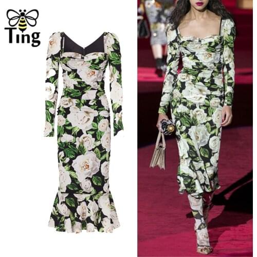 Tingfly 2020 Runway Designer Floral Flower Luxury Mermaid Party Dresses Vintage Elegant Lady Square Neckline Midi Long Vestidos