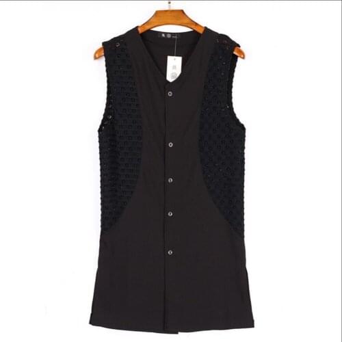 Summer Mens Fashion Casual Sleeveless Vest Tide Splice Section Material Hollow V-neck Long Vest Thin Coat Tide Hairstylist Tops