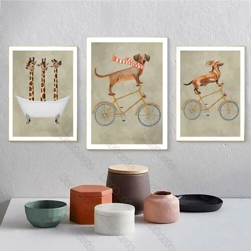 Animals Canvas Painting Wall Poster Cartoon Animals Two Dogs Riding Bicycle and Three Giraffes for Home Rooms Wall Decoration