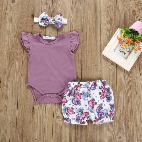 3pcs Fly Sleeve Infant Baby Kids Summer Outfits Tassel Solid Rompers Tops + Flowers Print Shorts+bow Set Baby Girls Cloth Outfit