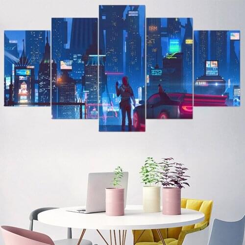 5 Pieces Wall Art Canvas Painting Cityscape Neon Poster Modular Pictures Modern Home Decoration Living Room For Framework
