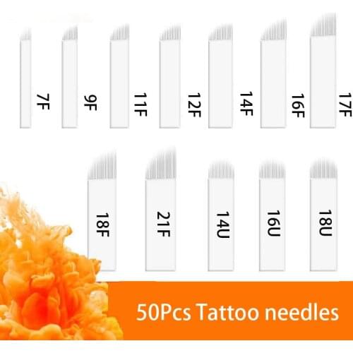 50Pcs White 12/14/16/18 Flex U Shape Laminas Nano Microblading Tattoo Needles Pins Blade for Makeup Supplies Eyebrow Pen Tebori