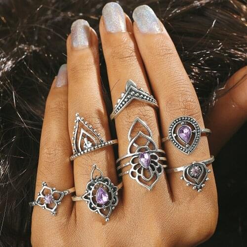7pcs/set Vintage Punk Midi Rings Set 2017 Antique Silver Color Purple Heart Crystal Flower Boho Knuckle Ring For Women Female
