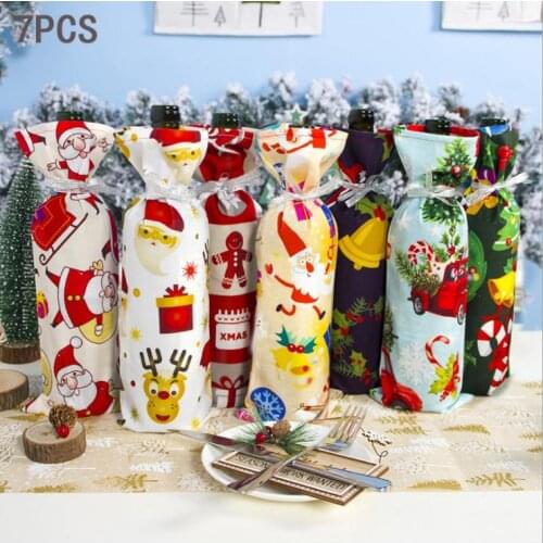 7Pcs Christmas Wine Bottle Bags Xmas Red Wine Bottle Cover Decorative Champagne Holder Decorations for Dining Table