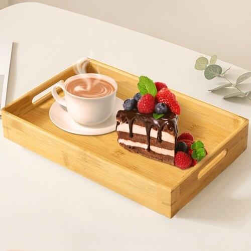 Bamboo Serving Trays Raised Edges Wooden Carry Handles Coffee Food Dinner Platter Platter Serving Breakfast Home Kitchen Tray