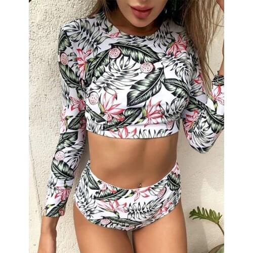 Floral Print Bikinis 2021 Long Sleeve Swimsuit Women High Waist Bikini Set Leaves Female Swimwear Summer Bathing Suit Beach Wear