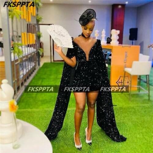 Sparkly Black Short Prom Dresses With Long Cape Sheath Mini See Through Sexy Sequins Black Girls Wedding Party Occasion Gowns