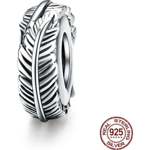 Genuine 925 sterling silver feather silicone retro beads fit original bangle & charm silver bracelet girl jewelry DIY