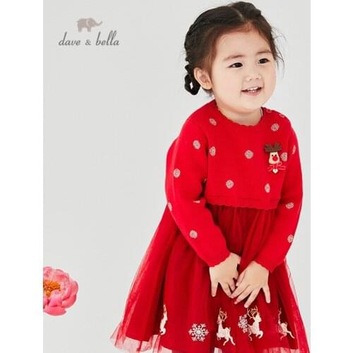 DBZ16072 dave bella winter baby girls Christmas cartoon sweater dress children fashion party dress kids infant lolita clothes