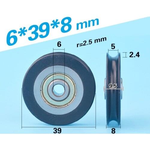 6*39*8mm shift door pulley, concave wheel U groove, wire rope over line wheel, rubber wrapped plastic nylon bearing roller