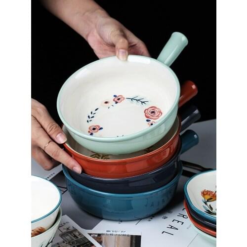 EECAMAIL Four Seasons Hand-painted Series Ceramic Baking Bowl Handle Salad Bowl Noodle Bowl Breakfast Rice Roasted Bowl