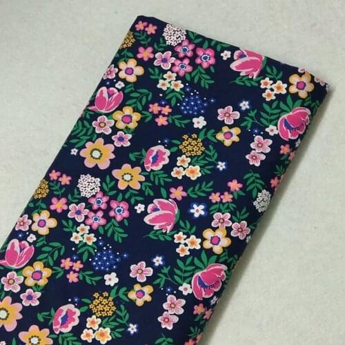 Graceful Navy Blue Colorful Blooming Flowers Printed Cotton Poplin Fabric 50x110cm Floral Fabric Patchwork for Cloth Dress Party