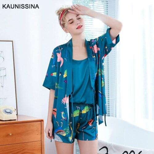 Short Pajama and Robe Set Women Lounge Sleepwear Bathrobe Pajamas Suit Female Summer Nightwear Soft Homewear Clothes 3PCS Sets