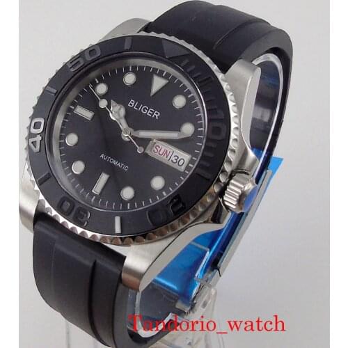 Date Week NH36 Bliger Stainless Steel Automatic Mens Watch Sapphire Glass Rotating Bezel Ceramic Insert Rubber Band