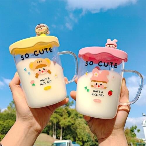 New Kawaii Cartoon Girl Glass Water Bottle With Silicone Cover Simple Lovely Coffee Mug Milk Cup Breakfast Tea Drinking Bottles