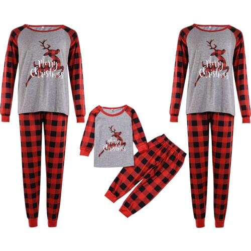 Matching Family Christmas Pajamas Cute Santas Deer Print Raglan Long Sleeve Tops Plaid Pants Set Sleepwear