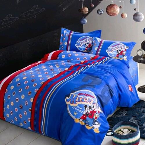 Disney Royal Blue Striped Mickey Mouse Cotton Bedding Duvet Comforter Covers Pillowcases for Children Boys Bedlinen Twin/Full