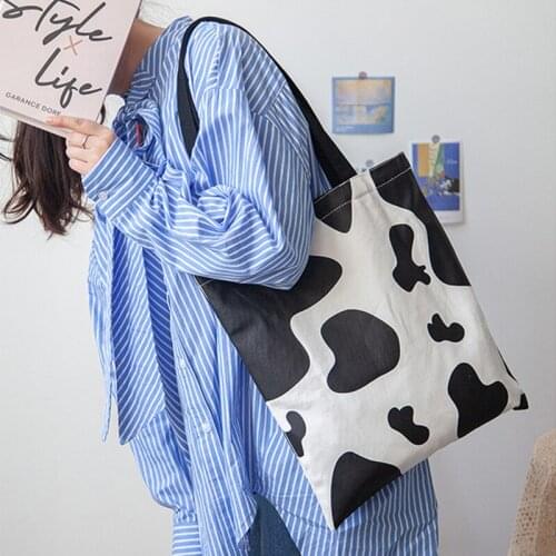 Casual Shopping Bags For Women Cow Pattern Canvas Girls Leisure Large Capacity Book Shoulder Bags Female Simple Shopper Handbags