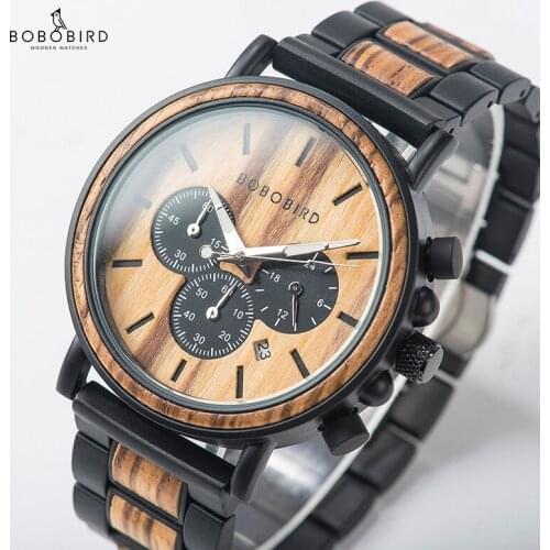 Relogio Wood Watches BOBO BIRD Men Watch Date Display Luxury Golden Stylish Wooden and Metal Quartz Wristwatch Wood gift box