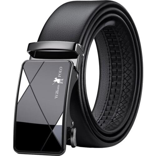 WilliamPolo Belt mens automatic buckle leather belt mens fashion geometric youth pure leather belt