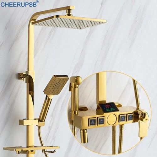Luxury Gold Digital Shower System Bathroom Thermostatic Rainfall Shower Set Wall Mount Hot Cold Mixer Bath Faucet Square Head