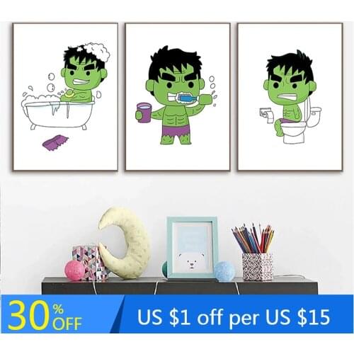Funny Hulk Brushing His Teeth in a bath Art Poster on the Wall Cartoon Marvel Superhero Canvas Painting Art Pictures Home Decor
